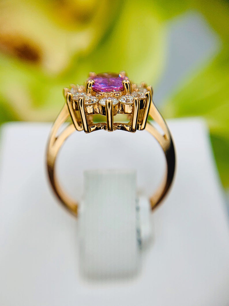 1 CT Oval Cut Pink Sapphire & Diamond Rose Gold Over On 925 Sterling Silver Halo Anniversary Ring