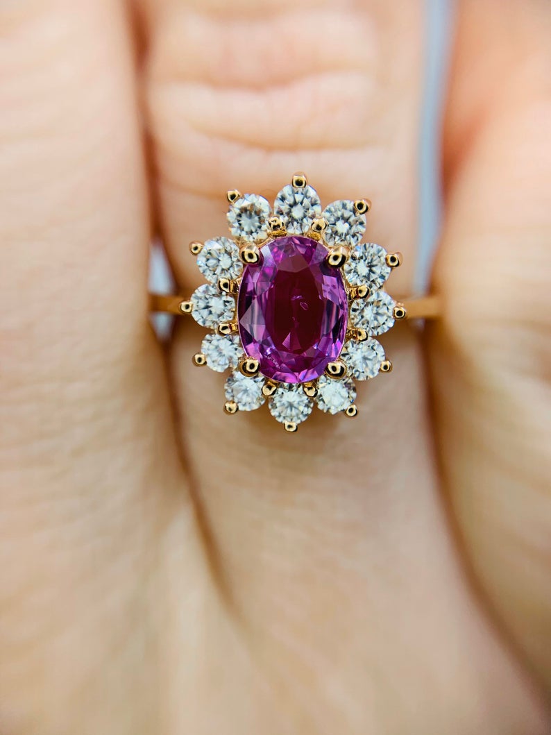 1 CT Oval Cut Pink Sapphire & Diamond Rose Gold Over On 925 Sterling Silver Halo Anniversary Ring