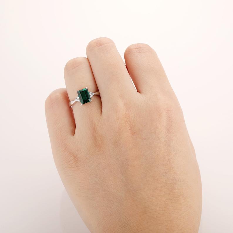 1 CT Emerald Cut Green Emerald Diamond White Gold Over On 925 Sterling Silver Solitaire With Accents Ring