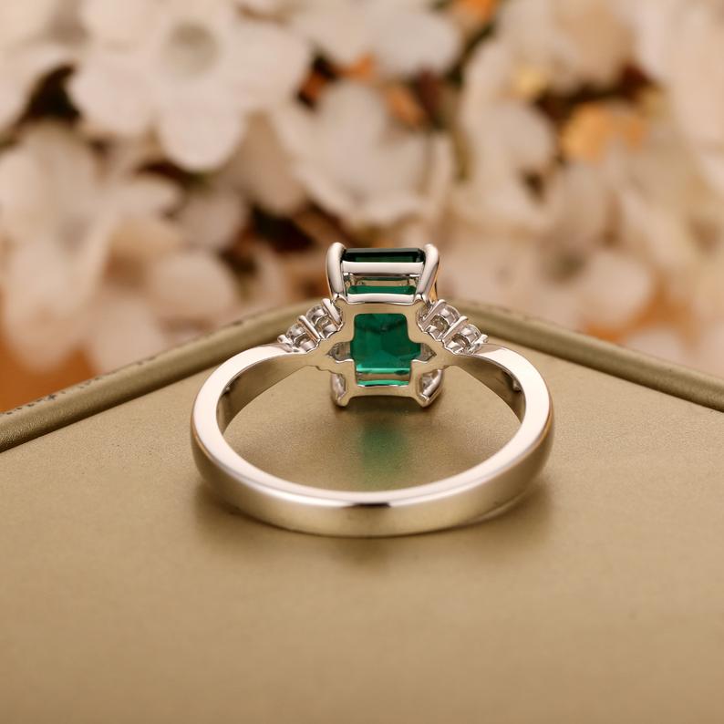 1 CT Emerald Cut Green Emerald Diamond White Gold Over On 925 Sterling Silver Solitaire With Accents Ring