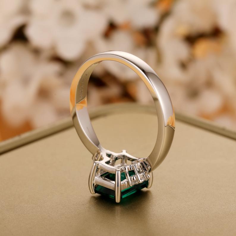 1 CT Emerald Cut Green Emerald Diamond White Gold Over On 925 Sterling Silver Solitaire With Accents Ring