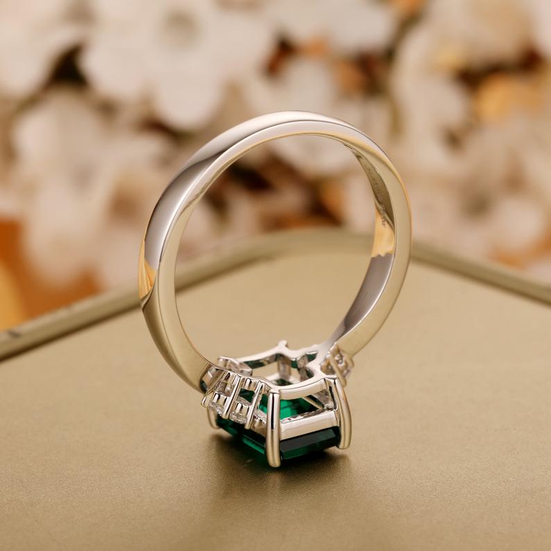 1 CT Emerald Cut Green Emerald Diamond White Gold Over On 925 Sterling Silver Solitaire With Accents Ring
