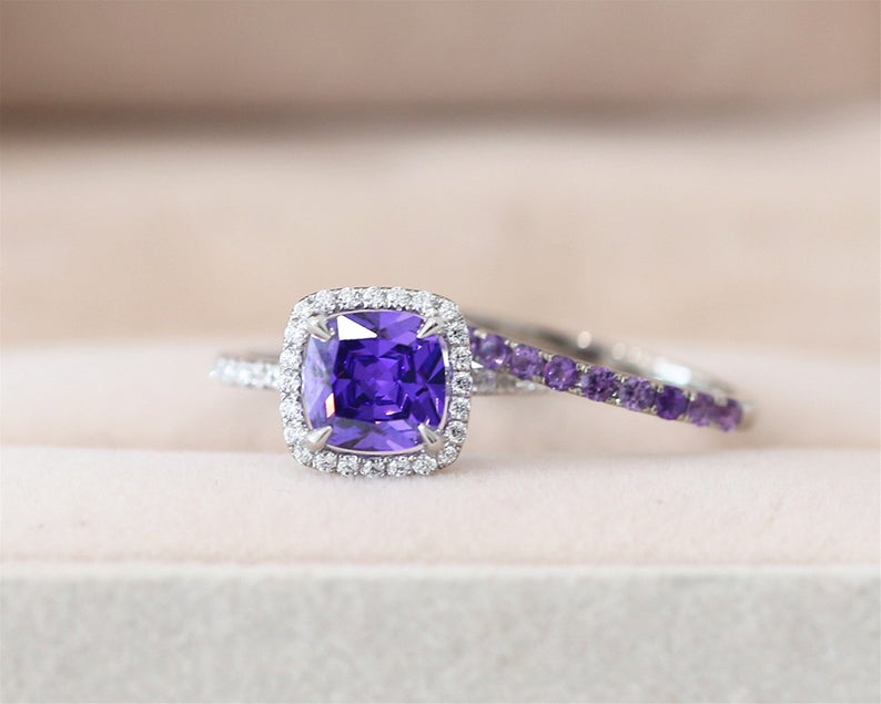 1 CT Cushion Cut Amethyst Diamond White Gold Over On 925 Sterling Silver Bridal Wedding Ring Set
