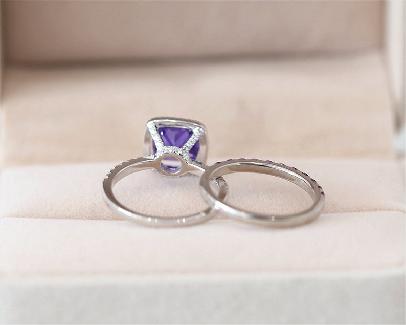 1 CT Cushion Cut Amethyst Diamond White Gold Over On 925 Sterling Silver Bridal Wedding Ring Set