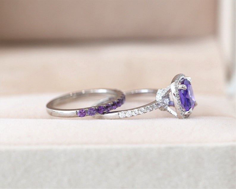 1 CT Cushion Cut Amethyst Diamond White Gold Over On 925 Sterling Silver Bridal Wedding Ring Set