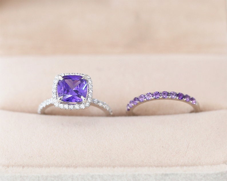 1 CT Cushion Cut Amethyst Diamond White Gold Over On 925 Sterling Silver Bridal Wedding Ring Set
