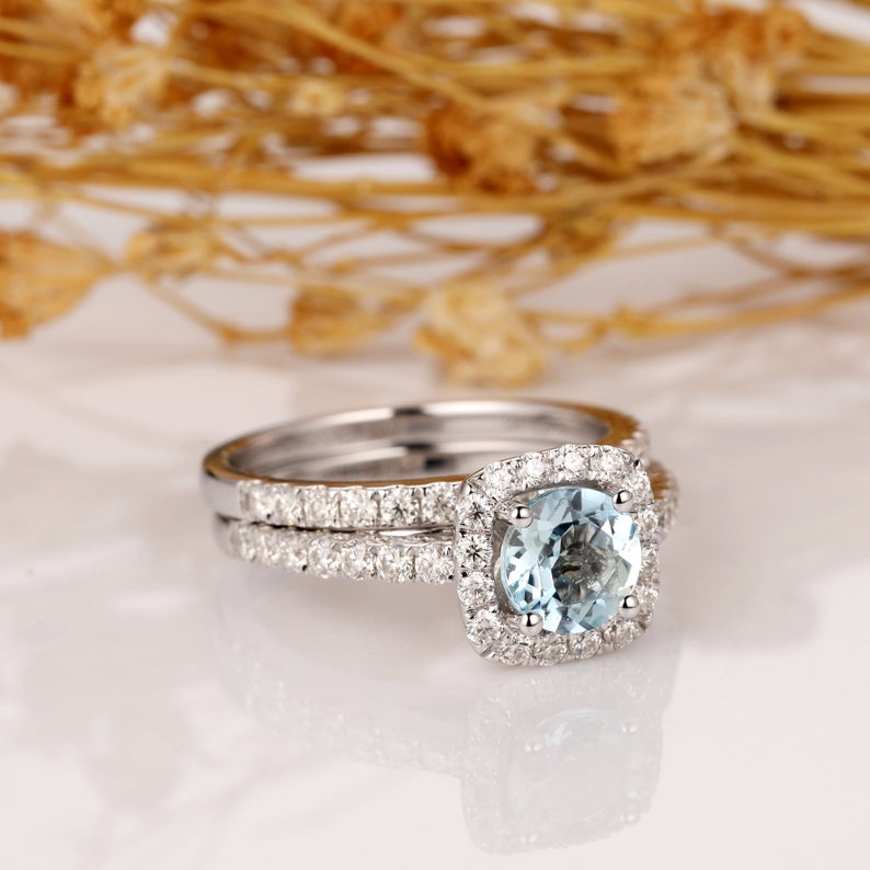 1.00 CT Round Cut Aquamarine Diamond 925 Sterling Silver Halo Wedding Ring Bridal Set