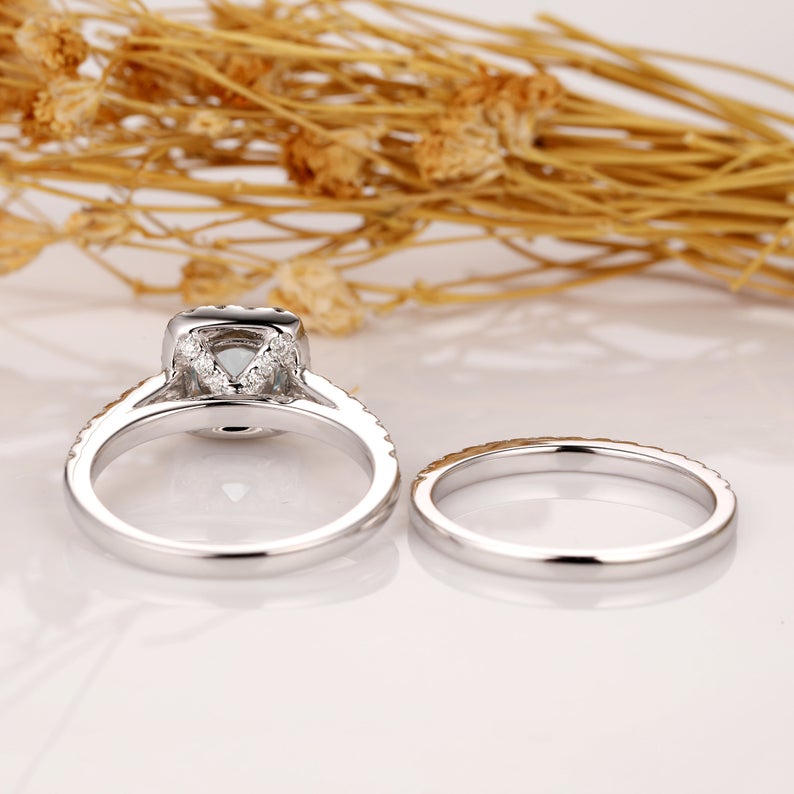 1.00 CT Round Cut Aquamarine Diamond 925 Sterling Silver Halo Wedding Ring Bridal Set
