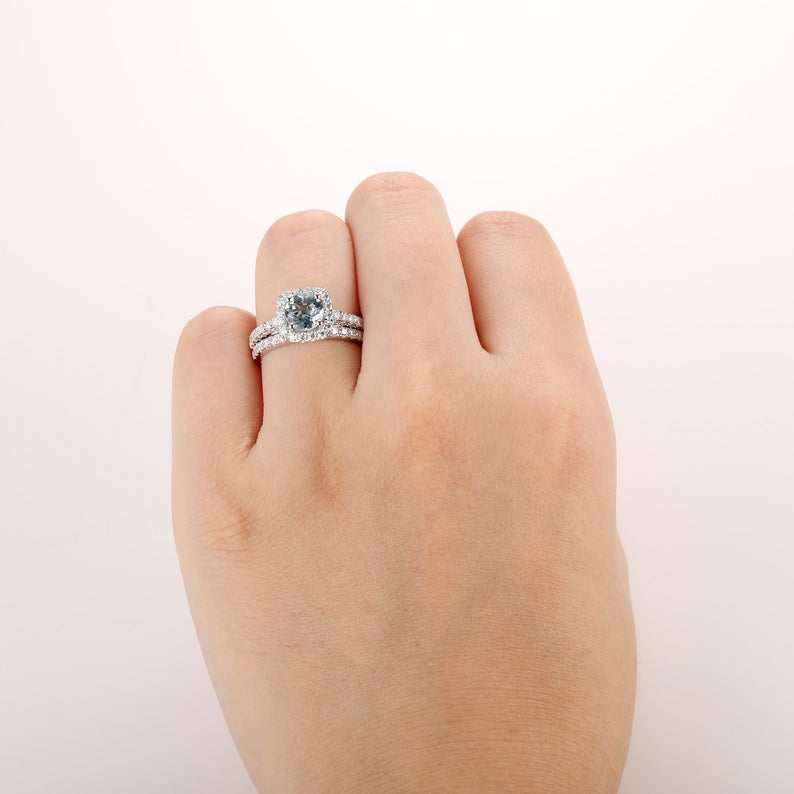 1.00 CT Round Cut Aquamarine Diamond 925 Sterling Silver Halo Wedding Ring Bridal Set