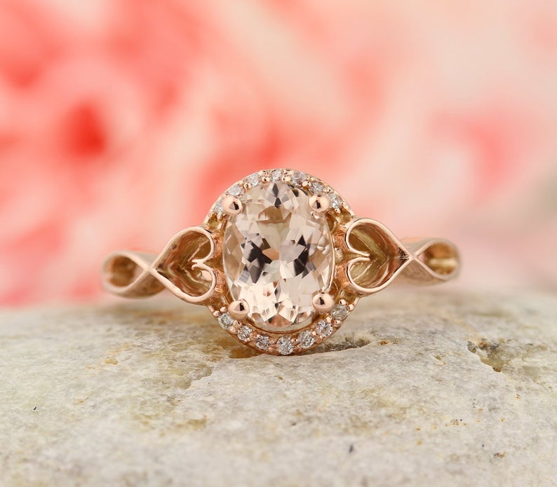 1 CT Oval Cut Morganite Diamond Rose Gold Over On 925 Sterling Silver Halo Anniversary Ring