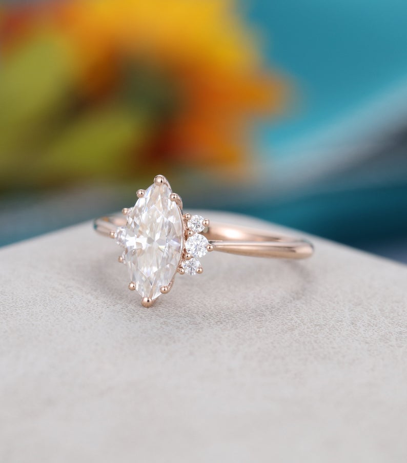 1 CT Marquise cut Diamond Rose Gold Over On 925 Sterling Silver Solitaire With Accents Ring