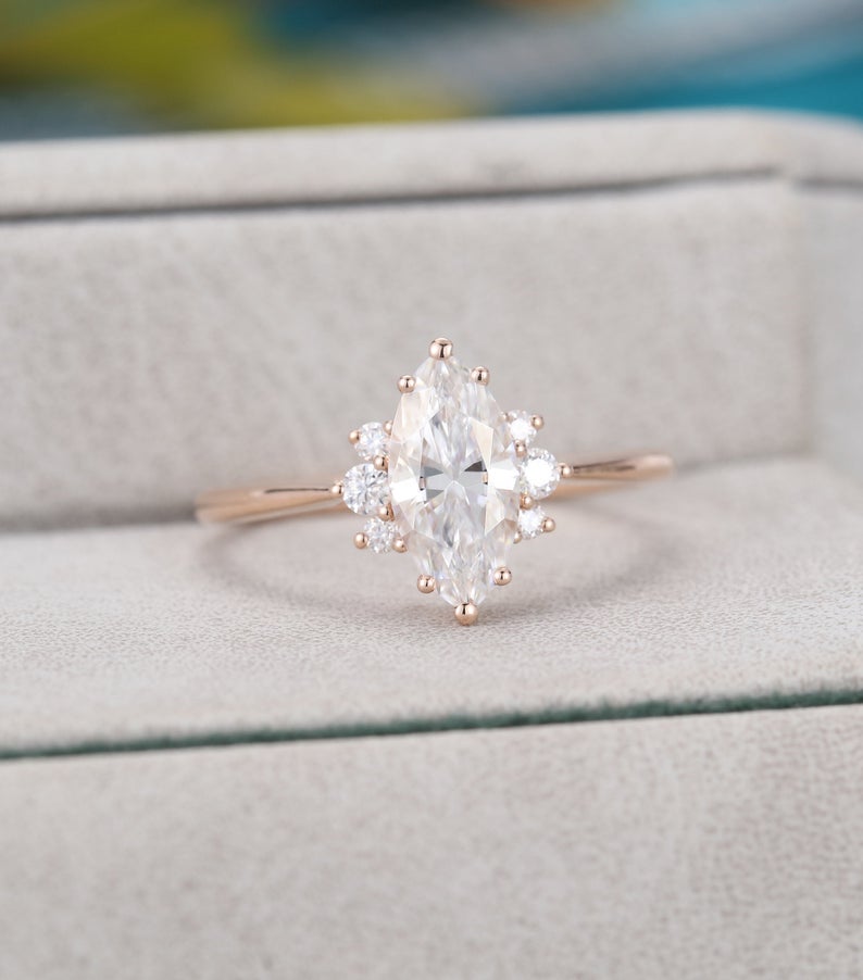 1 CT Marquise cut Diamond Rose Gold Over On 925 Sterling Silver Solitaire With Accents Ring
