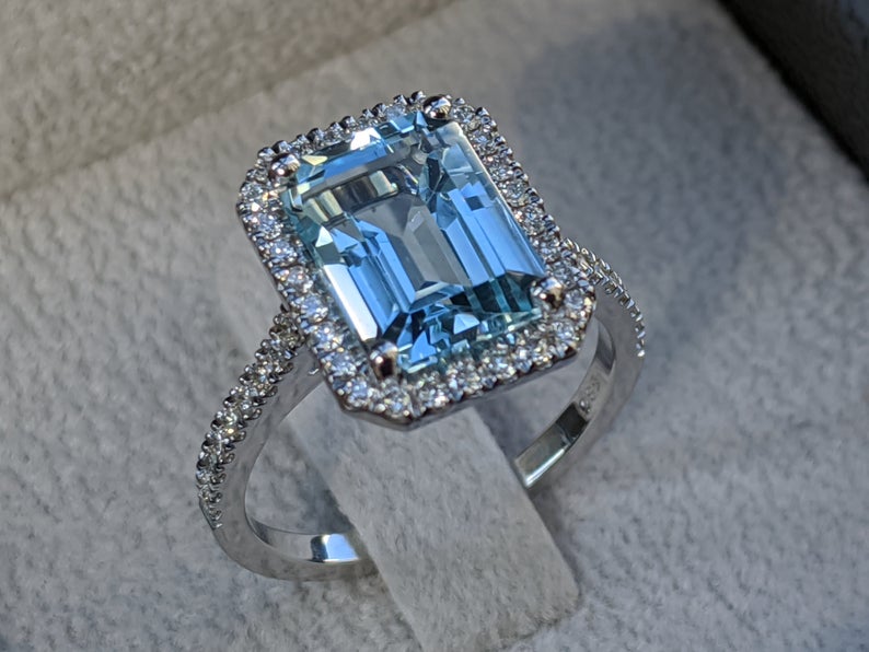 1 CT Emerald Cut Aquamarine Diamond 925 Sterling Silver Halo Anniversary Ring