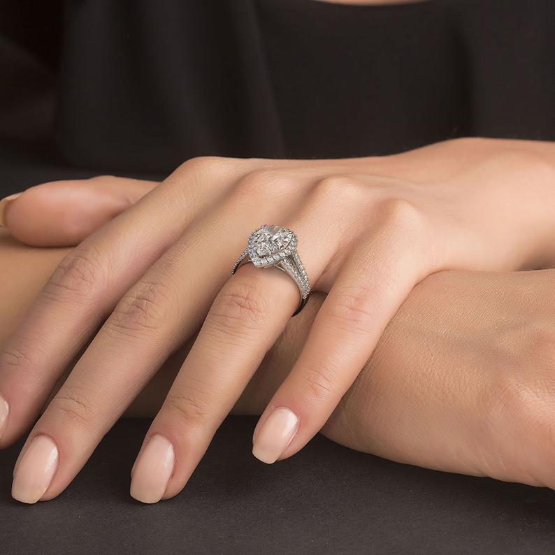 2 CT Pear Cut Diamond 925 Sterling Silver Halo Split Shank Engagement Ring