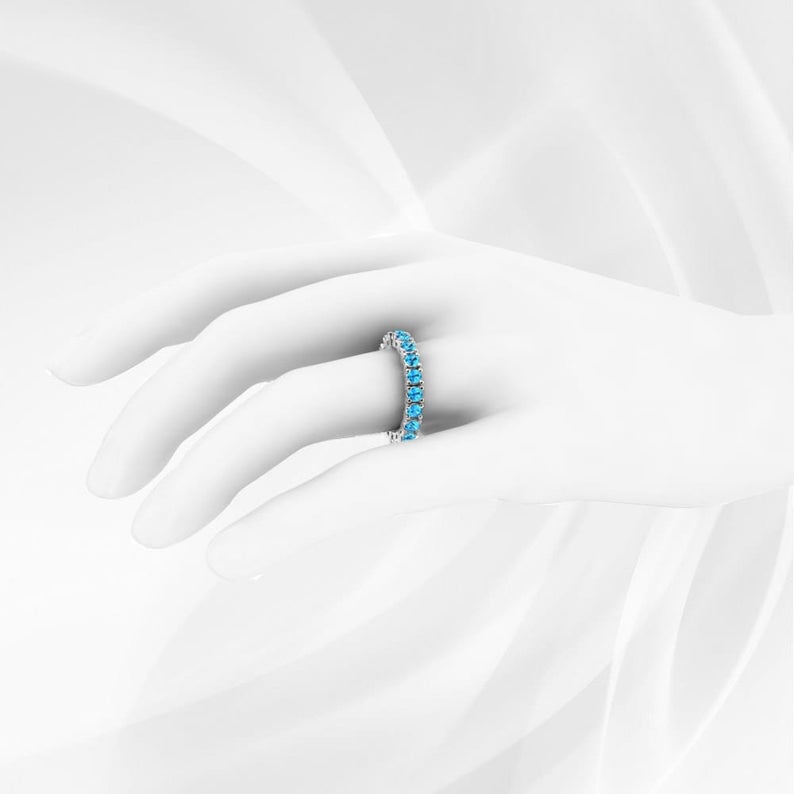1 CT Round Cut Blue Topaz Diamond White Gold Over On 925 Sterling Silver Full Eternity Band Ring