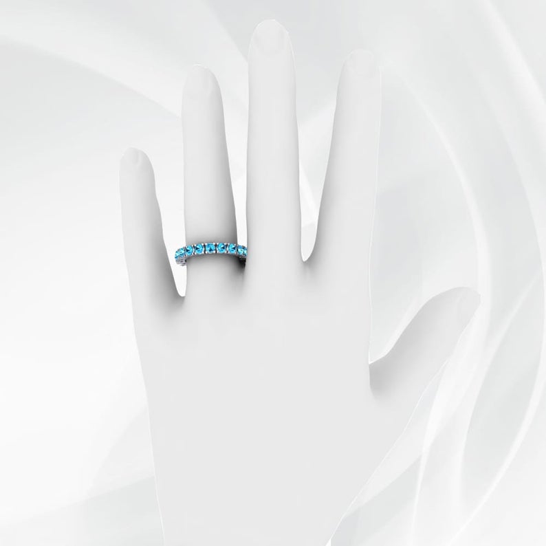 1 CT Round Cut Blue Topaz Diamond White Gold Over On 925 Sterling Silver Full Eternity Band Ring