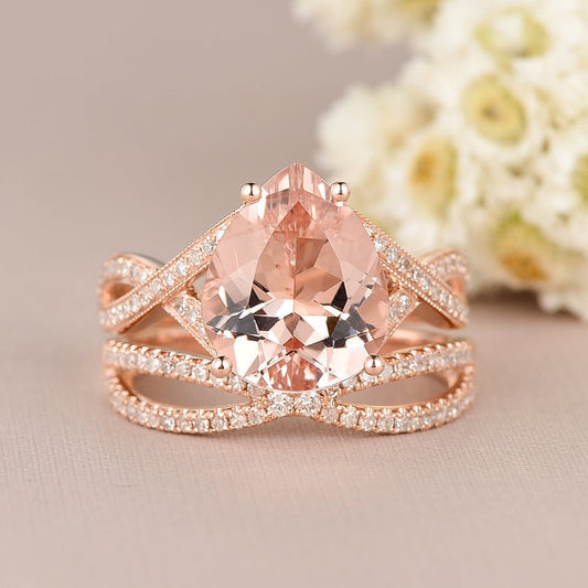 1 CT Pear Cut Morganite Diamond Rose Gold Over On 925 Sterling Silver Infinity Wedding Bridal Ring Set