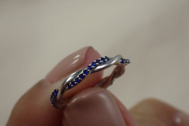 1.20 CT Round Cut Blue Sapphire White Gold Over On 925 Sterling Silver Infinity Wedding Band Ring