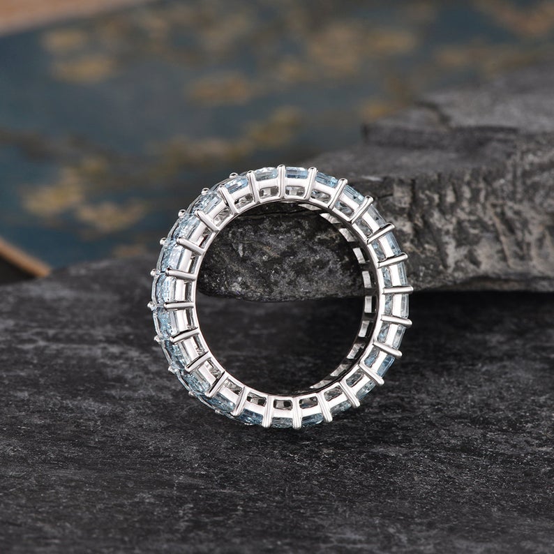 1 CT Emerald Cut Aquamarine White Gold Over On 925 Sterling Silver Wedding Band Women Full Eternity Ring
