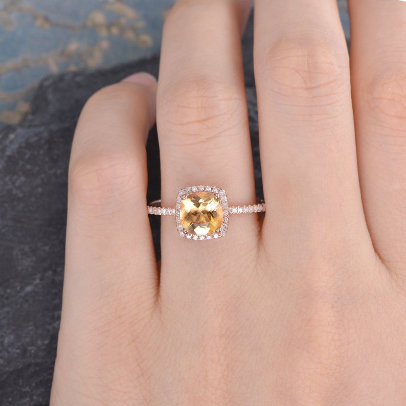 2.25 Ct Cushion Cut Yellow Citrine Yellow Gold Over On 925 Sterling Silver Halo Wedding Ring