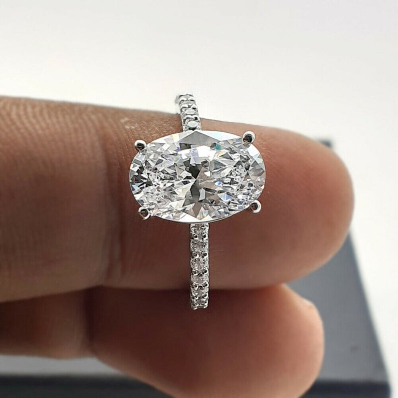 2 CT Oval Cut White Diamond 925 Sterling Silver Solitaire With Accent Ring