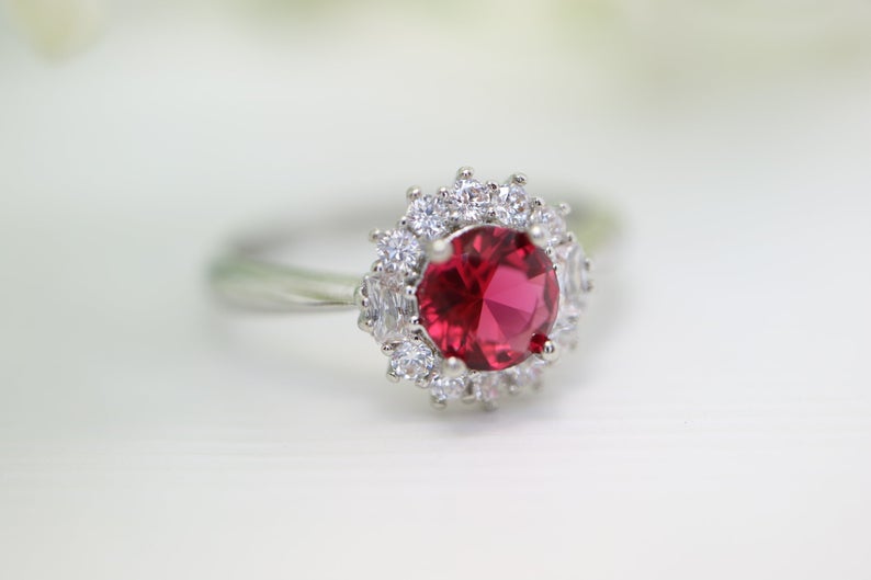 1 CT Round Cut Red Tourmaline Diamond 925 Sterling Silver Halo Flower Engagement Ring