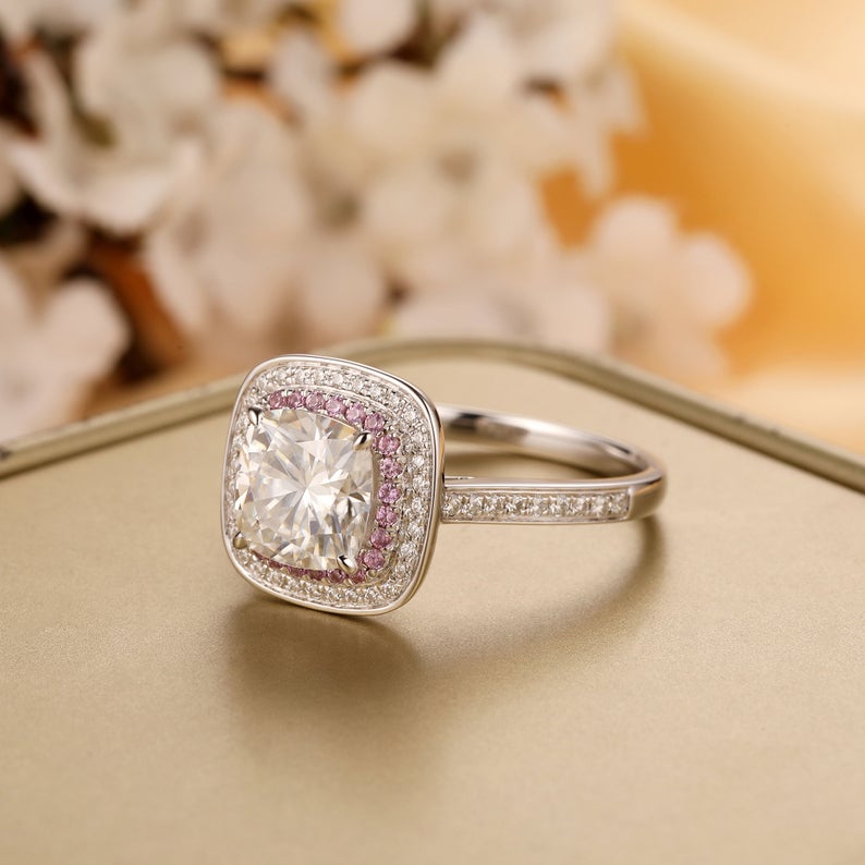 2.0 CT Cushion Cut Pink Sapphire Diamond 925 Sterling Silver Double Halo Anniversary Ring