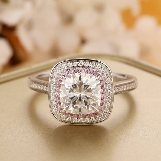 2.0 CT Cushion Cut Pink Sapphire Diamond 925 Sterling Silver Double Halo Anniversary Ring
