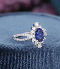 1 CT Oval Cut Blue Sapphire Diamond White Gold Over On 925 Sterling Silver Halo Anniversary Ring Gift For Women
