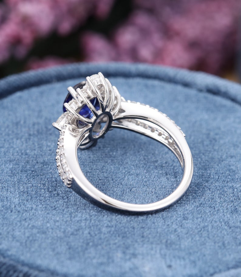 1 CT Oval Cut Blue Sapphire Diamond White Gold Over On 925 Sterling Silver Halo Anniversary Ring Gift For Women