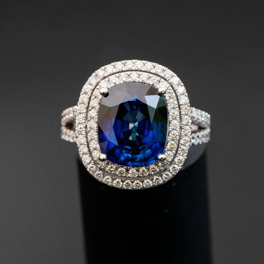 1 CT Cushion Cut Blue Sapphire Diamond 925 Sterling Silver Double Halo Engagement Ring