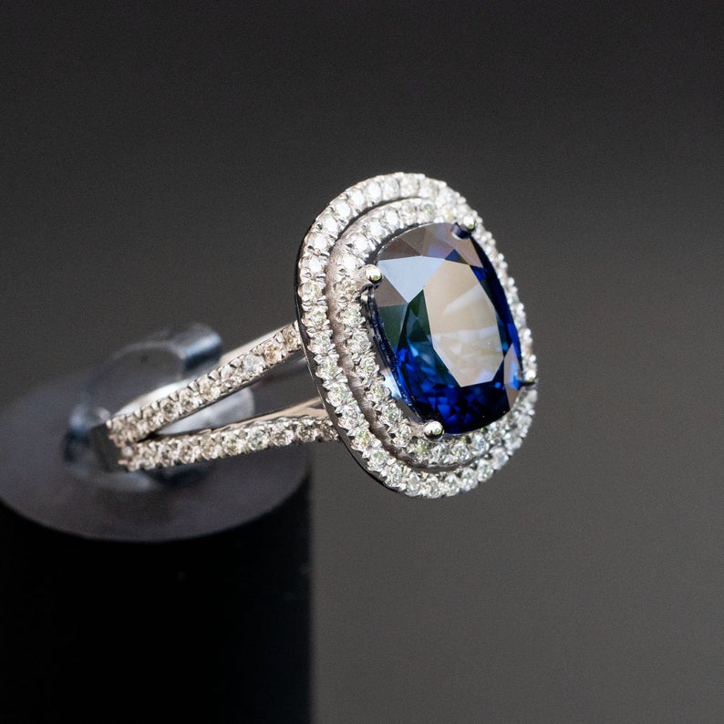 1 CT Cushion Cut Blue Sapphire Diamond 925 Sterling Silver Double Halo Engagement Ring