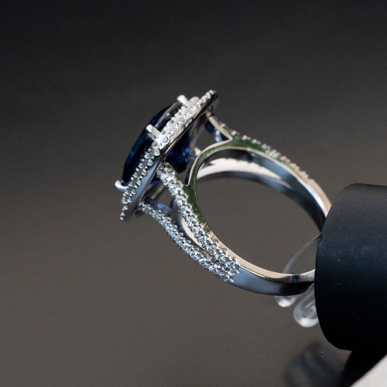 1 CT Cushion Cut Blue Sapphire Diamond 925 Sterling Silver Double Halo Engagement Ring