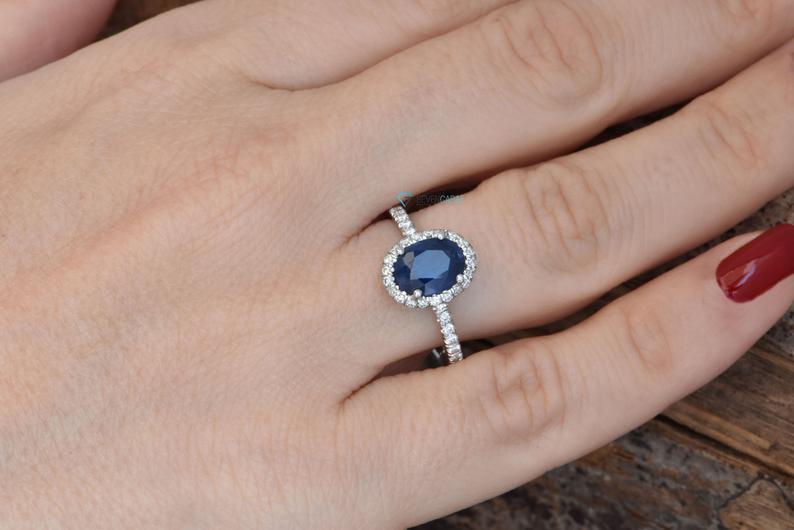 1 CT Oval cut Blue sapphire Diamond White Gold Over On 925 Sterling Silve Halo Engagement Ring