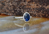 1 CT Oval cut Blue sapphire Diamond White Gold Over On 925 Sterling Silve Halo Engagement Ring