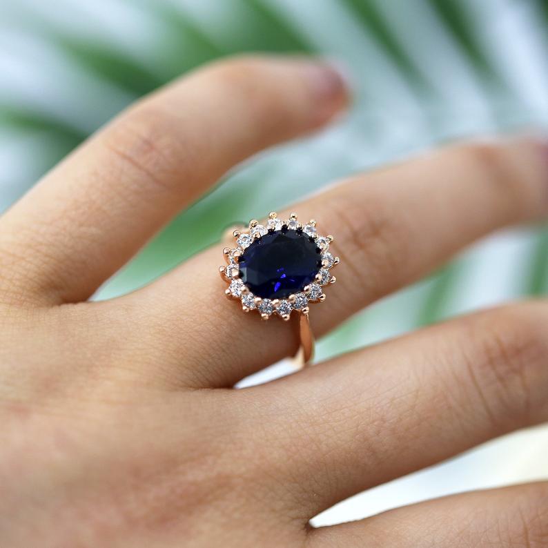 2 CT  Oval Cut Blue Sapphire & Round CZ Diamond Rose Gold Over On 925 Sterling Silver Halo Engagement Ring
