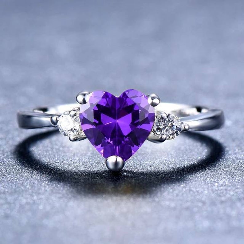 1 CT  Heart Cut Amethyst Diamond 925 Sterling Silver Solitaire With Accents Ring