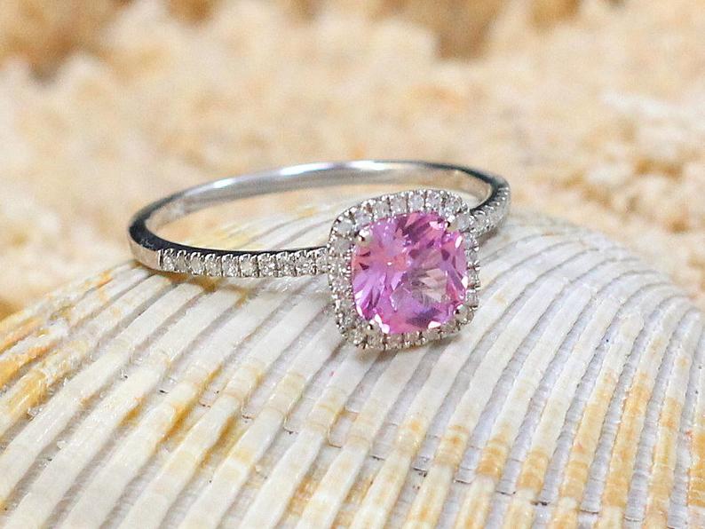 2 CT Cushion Cut Pink Sapphire Diamond 925 Sterling Silver Halo Engagement Ring