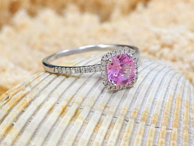 2 CT Cushion Cut Pink Sapphire Diamond 925 Sterling Silver Halo Engagement Ring