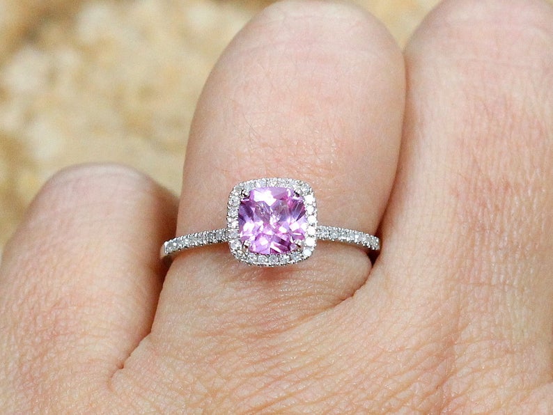 2 CT Cushion Cut Pink Sapphire Diamond 925 Sterling Silver Halo Engagement Ring