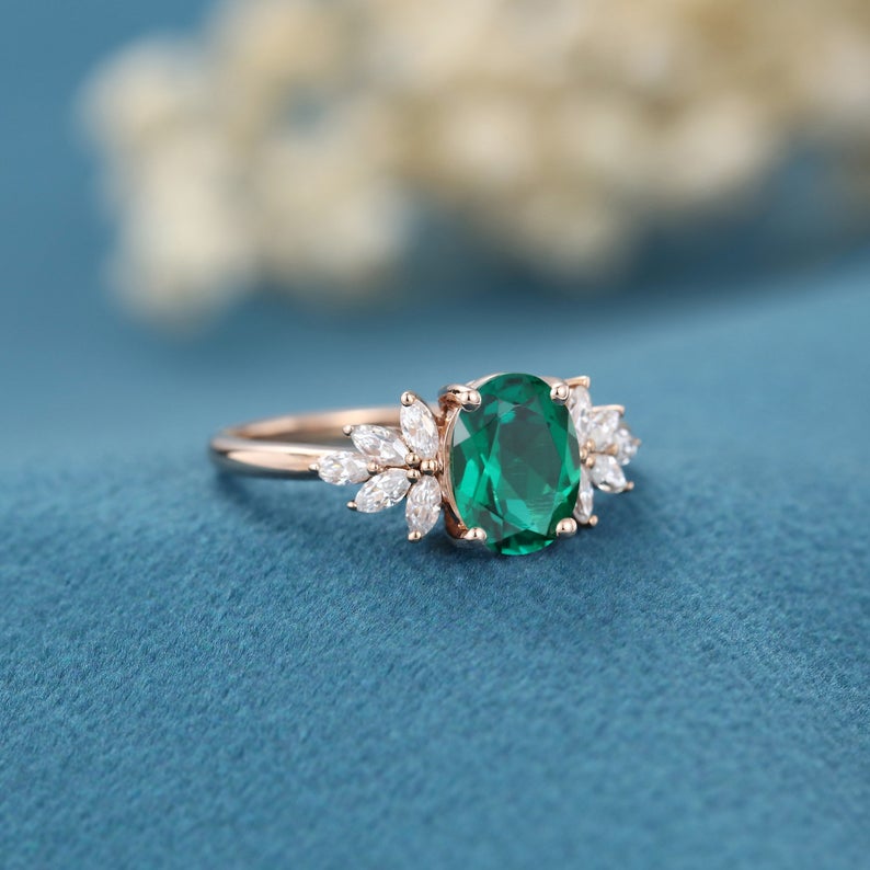 1 CT Oval cut Emerald Diamond Rose Gold Over On 925 Sterling Silver Cluster Promise Ring for women