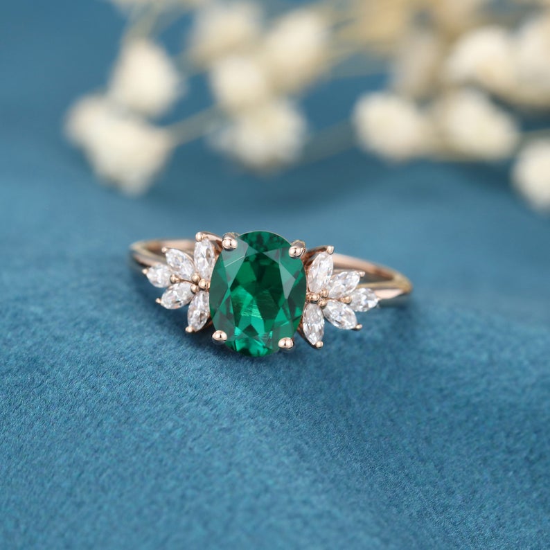 1 CT Oval cut Emerald Diamond Rose Gold Over On 925 Sterling Silver Cluster Promise Ring for women