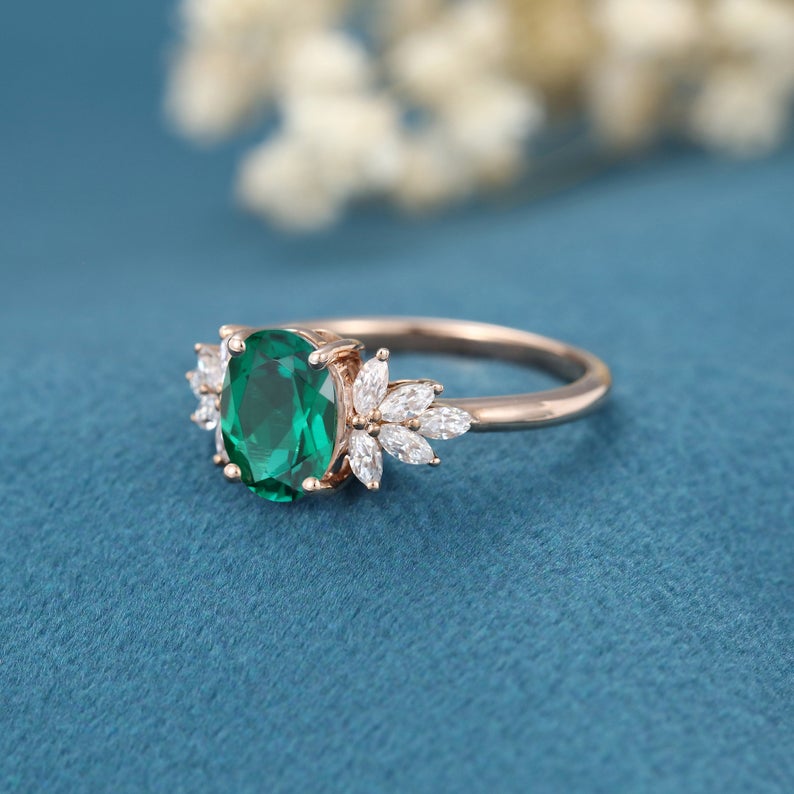 1 CT Oval cut Emerald Diamond Rose Gold Over On 925 Sterling Silver Cluster Promise Ring for women