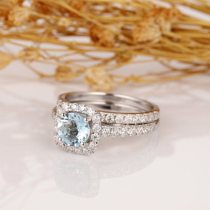 1 CT Round Cut Aquamarine Diamond 925 Sterling Silver Wedding Bridal Set