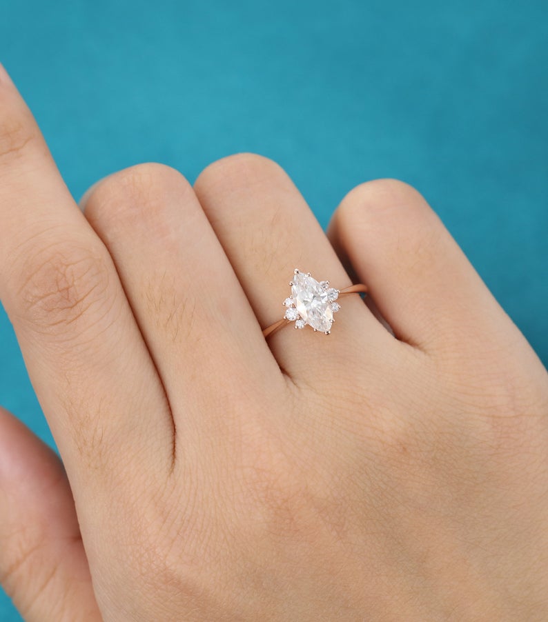 1 CT Marquise cut Diamond Rose Gold Over On 925 Sterling Silver Solitaire With Accents Ring