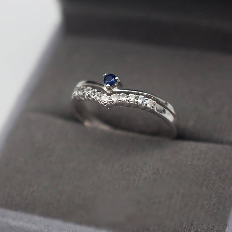 1 CT Round Cut Blue Sapphire Diamond 925 Sterling Silver Curved Ring
