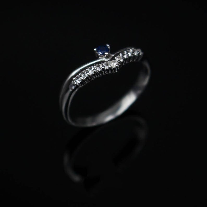 1 CT Round Cut Blue Sapphire Diamond 925 Sterling Silver Curved Ring