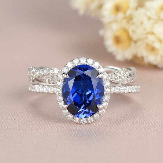 2 CT  Oval Cut Blue Sapphire Diamond White Gold Over On 925 Sterling Silver Infinity Twisted Diamond Band Woman Halo Bridal Ring Set