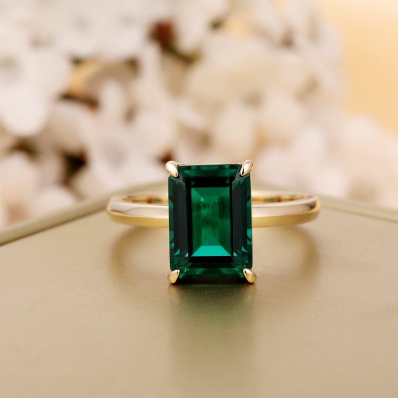 CT Emerald Cut Green Emerald Diamond Yellow Gold Over On 925 Sterling Silver Solitaire Ring