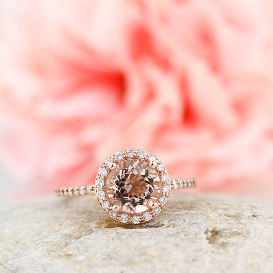 1 CT Round Cut Pink Morganite Rose Gold Over On 925 Sterling Silver Halo Engagement Ring